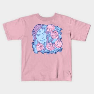 Beautiful Woman with Five Pink Pastel Roses Kids T-Shirt